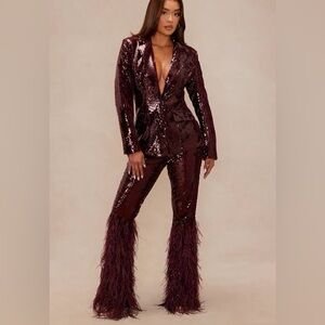 Fashion Nova Sequin Feather-Hem Nola Sequin Blazer and pants set- Wine Sz S